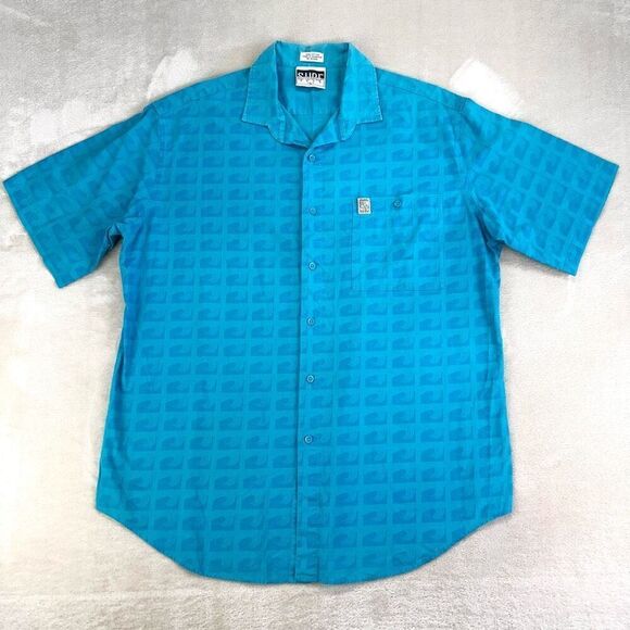 Vintage SURF GEAR Shirt Mens Large Blue Wave Pattern SS Camp Button Up - Picture 2 of 10